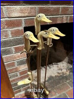 Rare Vintage 5-pc Brass Fireplace Tool Set cast DUCK Head Grips Handles