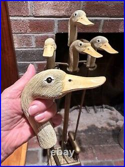 Rare Vintage 5-pc Brass Fireplace Tool Set cast DUCK Head Grips Handles