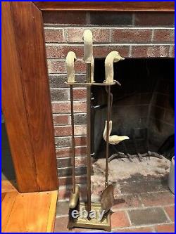 Rare Vintage 5-pc Brass Fireplace Tool Set cast DUCK Head Grips Handles