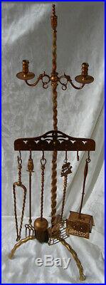 Rare Vintage Brass Copper Fireplace Tool Set with Candlesticks Owl Ship Handles