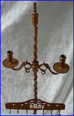 Rare Vintage Brass Copper Fireplace Tool Set with Candlesticks Owl Ship Handles