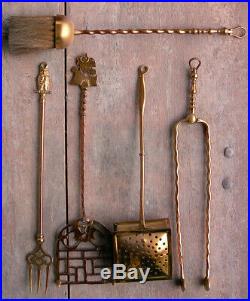 Rare Vintage Brass Copper Fireplace Tool Set with Candlesticks Owl Ship Handles