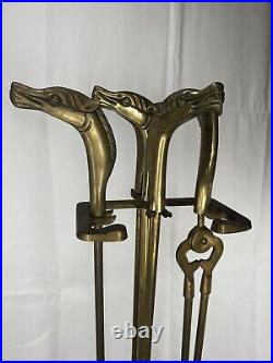 Rare Vintage Brass Horse Handle Fireplace 5 Piece Tool Set with Stand