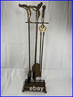 Rare Vintage Brass Horse Handle Fireplace 5 Piece Tool Set with Stand