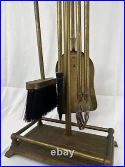 Rare Vintage Brass Horse Handle Fireplace 5 Piece Tool Set with Stand