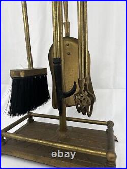 Rare Vintage Brass Horse Handle Fireplace 5 Piece Tool Set with Stand