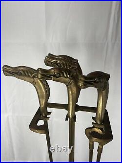 Rare Vintage Brass Horse Handle Fireplace 5 Piece Tool Set with Stand