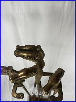 Rare Vintage Brass Horse Handle Fireplace 5 Piece Tool Set with Stand