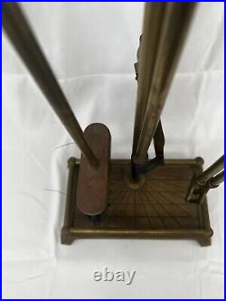 Rare Vintage Brass Horse Handle Fireplace 5 Piece Tool Set with Stand