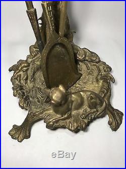 Rare Vintage Heavy Brass Metal Ornate Hunting Dog Fireplace Tools Stand