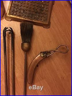 Rare Vintage brass fireplace tools poker 6 piece set brush shovel on stand