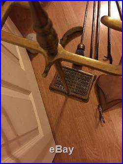 Rare Vintage brass fireplace tools poker 6 piece set brush shovel on stand