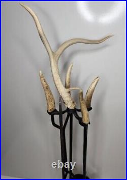 Real Deer Antler 4 pc Fireplace Tools Set 43h Brass Rustic Cabin Poker Shovel
