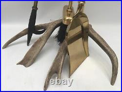 Real White Tailed Deer Antler 4 pc Fireplace Tools Set Brass Rustic Cabin