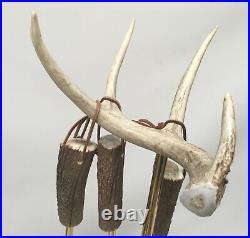 Real White Tailed Deer Antler 4 pc Fireplace Tools Set Brass Rustic Cabin