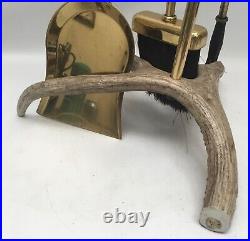 Real White Tailed Deer Antler 4 pc Fireplace Tools Set Brass Rustic Cabin
