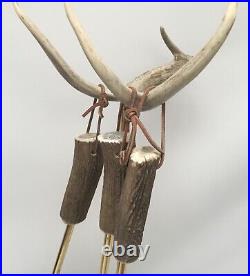 Real White Tailed Deer Antler 4 pc Fireplace Tools Set Brass Rustic Cabin