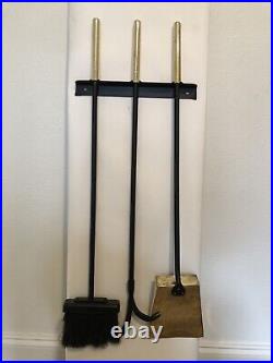 Restored Mid Century Wall Mounted Brass and Black Fireplace Tool Set