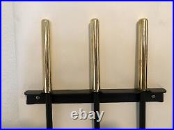 Restored Mid Century Wall Mounted Brass and Black Fireplace Tool Set