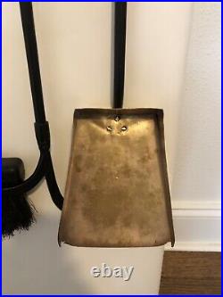 Restored Mid Century Wall Mounted Brass and Black Fireplace Tool Set