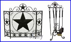 Rustic Brown Western Star Metal Fireplace Screen and 5 Piece Tool Set