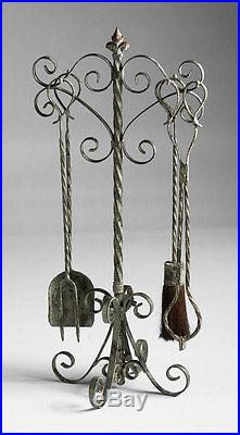 Rustic Tuscan French Scroll Fireplace Fire Tools Set Antiqued Iron Shabby Chic