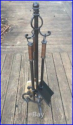SALE! Vintage Huge Leather Wrought Iron Fireplace Tools 3 Pc W Stand