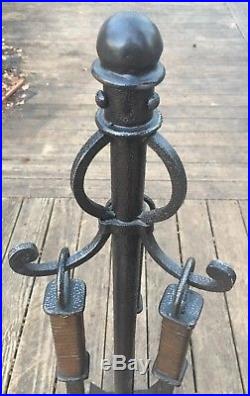 SALE! Vintage Huge Leather Wrought Iron Fireplace Tools 3 Pc W Stand
