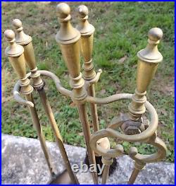 SOLID BRASS FIREPLACE HEARTH TOOL SET & STAND 5pc FIRE POKER SHOVEL TONGS BROOM