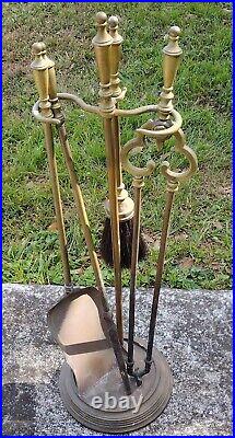 SOLID BRASS FIREPLACE HEARTH TOOL SET & STAND 5pc FIRE POKER SHOVEL TONGS BROOM