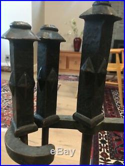 SUPERB Arts and Crafts Hand Hammered Wrought Iron Fireplace Tool Set