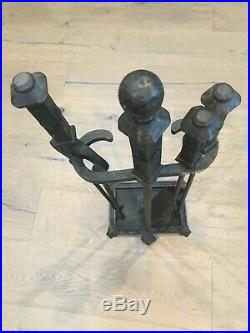 SUPERB Arts and Crafts Hand Hammered Wrought Iron Fireplace Tool Set