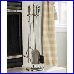 Satin Pewter Finish Steel 5-Piece Fireplace Tool Set WithHeavy Weight Construction