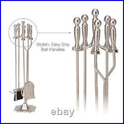 Satin Pewter Finish Steel 5-Piece Fireplace Tool Set WithHeavy Weight Construction