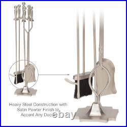 Satin Pewter Finish Steel 5-Piece Fireplace Tool Set WithHeavy Weight Construction