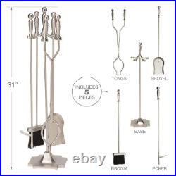 Satin Pewter Finish Steel 5-Piece Fireplace Tool Set WithHeavy Weight Construction