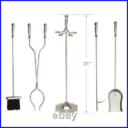 Satin Pewter Finish Steel 5-Piece Fireplace Tool Set WithHeavy Weight Construction