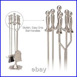 Satin Pewter Finish Steel 5-Piece Fireplace Tool Set with Heavy Weight