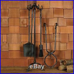 Set 5 Black Wrought Iron Fireplace Tools Stand Tongs Antique Style