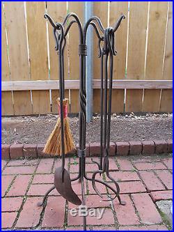 Set Of Wrought Cast Iron Poker Brush Shovel Tongs Fireplace Tools & Stand