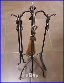Set Vintage Cast Wrought Iron Shovel Poker Brush Tongs Fireplace Tools + Stand