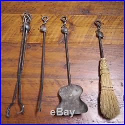 Set Vintage Cast Wrought Iron Shovel Poker Brush Tongs Fireplace Tools + Stand