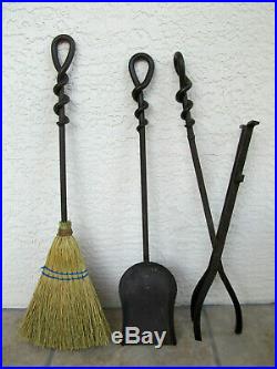 Set Vintage Forged Wrought Iron Fireplace Tools Shovel, Broom, and Log Lifter