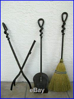 Set Vintage Forged Wrought Iron Fireplace Tools Shovel, Broom, and Log Lifter