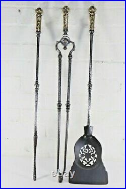 Set of 3 Antique English Victorian Fireplace Tools Wrought Iron Brass Handles