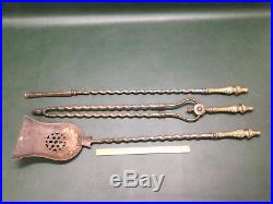 Set of 3 Antique Ornate Brass Handles & Iron Fire Place Tools Twisted Spiral