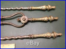Set of 3 Antique Ornate Brass Handles & Iron Fire Place Tools Twisted Spiral