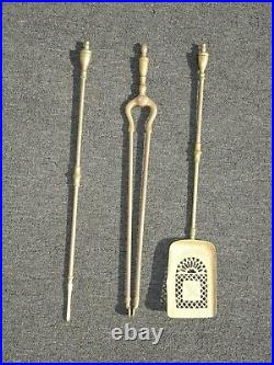 Set of Three Vintage French Country Brass Fireplace Tools Poker Grabber Shovel