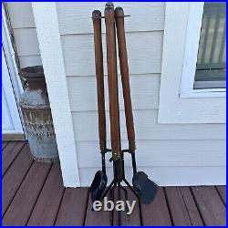 Seymour Long Handle 4 Piece FirePlace Complete Tool Set Metal Brass Wood Vintage