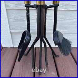 Seymour Long Handle 4 Piece FirePlace Complete Tool Set Metal Brass Wood Vintage